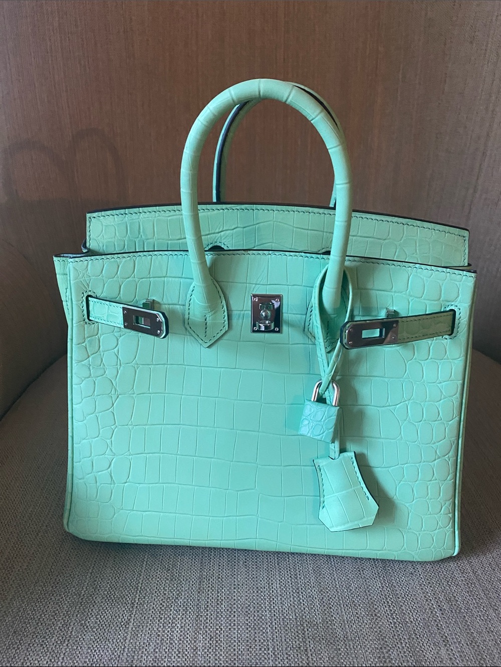 25cm mint green matte crocodile alligator  leather top handle handbag